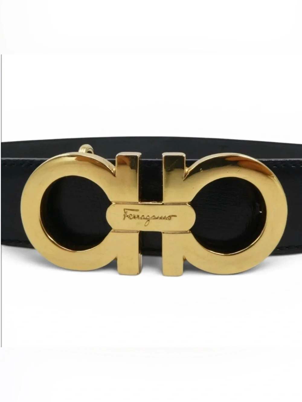 Vtg Salvatore Ferragamo Italy Gold Tone Gancini Buckle Black Leather Belt 236091